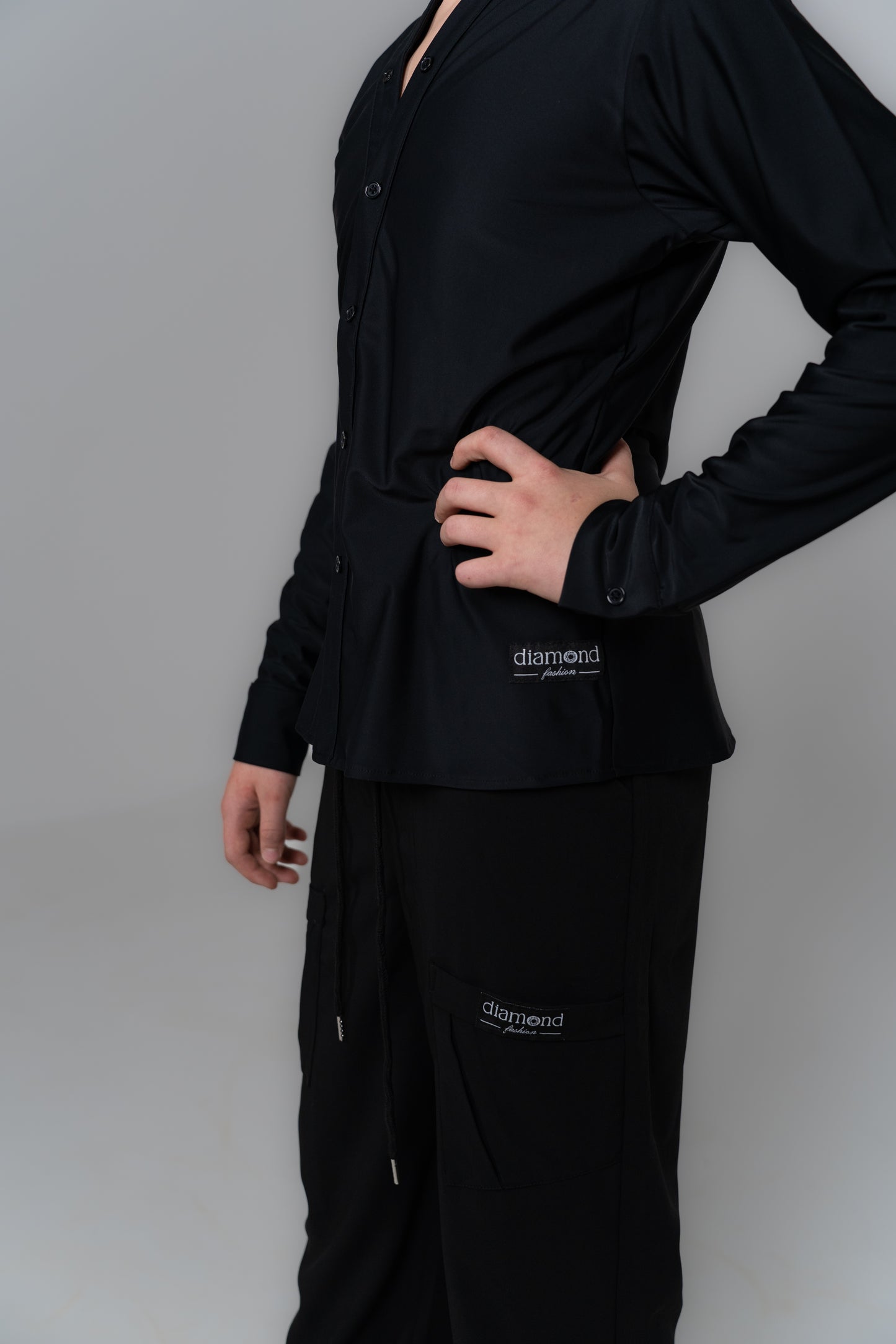 Black boys’ and men’s ballroom dance shirt and trousers set, professional Latin competition outfit – Diamond Fashion