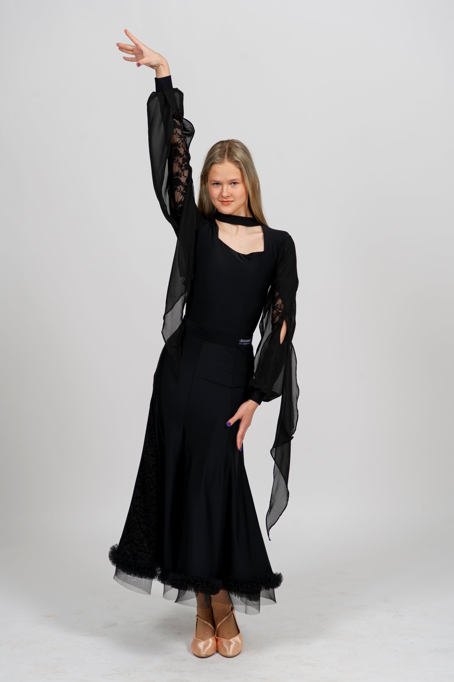 Elegant Black Ballroom Dance Set | Lace Bodysuit with Chiffon Sleeves & Matching Skirt