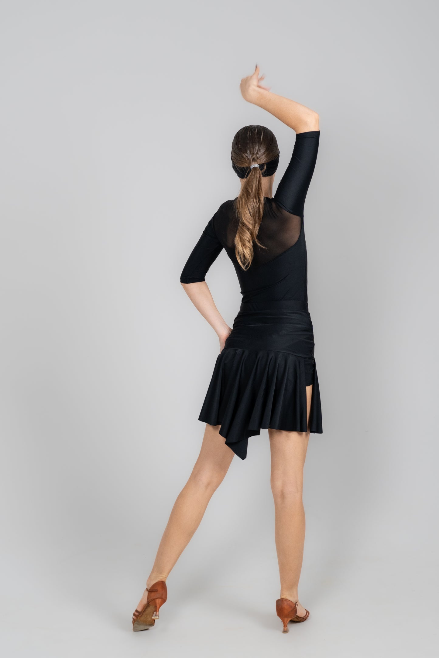 Black Latin dance dress with asymmetrical ruffles, professional ballroom outfit for women, girls and kids - Diamond Fashion