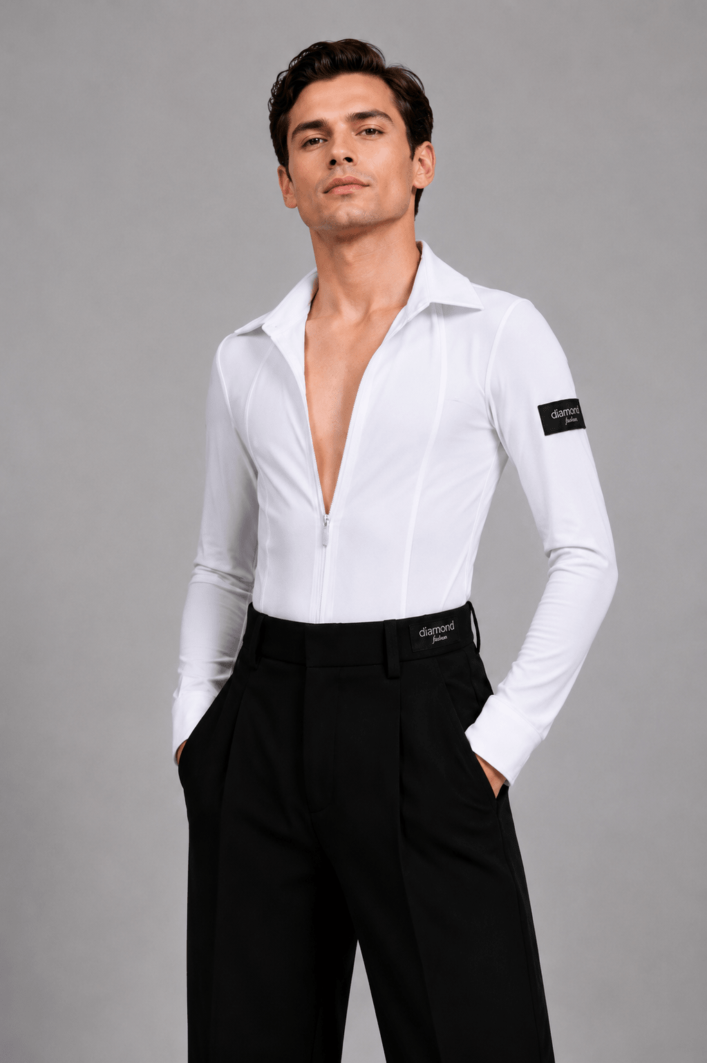 Men’s White Ballroom Dance Shirt Bodysuit – Black Tie Gift Included M001 | Diamond Fashion sporta deju apģērbs – competition SETs | Diamond Fashion SIA