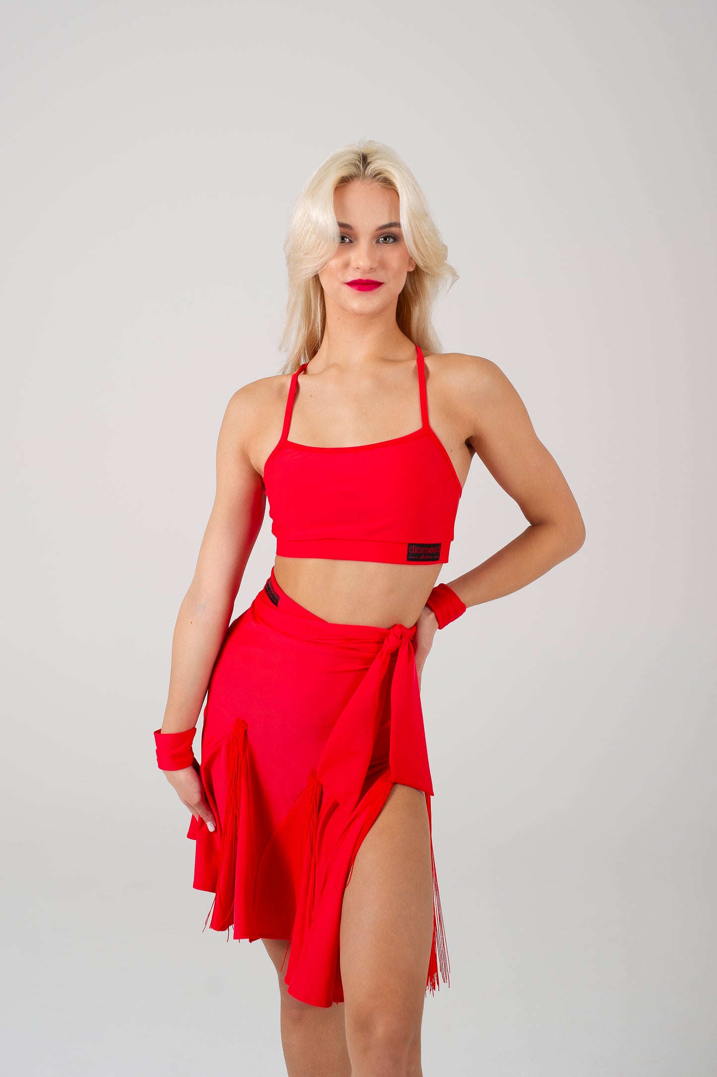 Red Elegance 3-in-1 Latin and ballroom dance set with skirt, crop top, and gloves – Diamond Fashion
