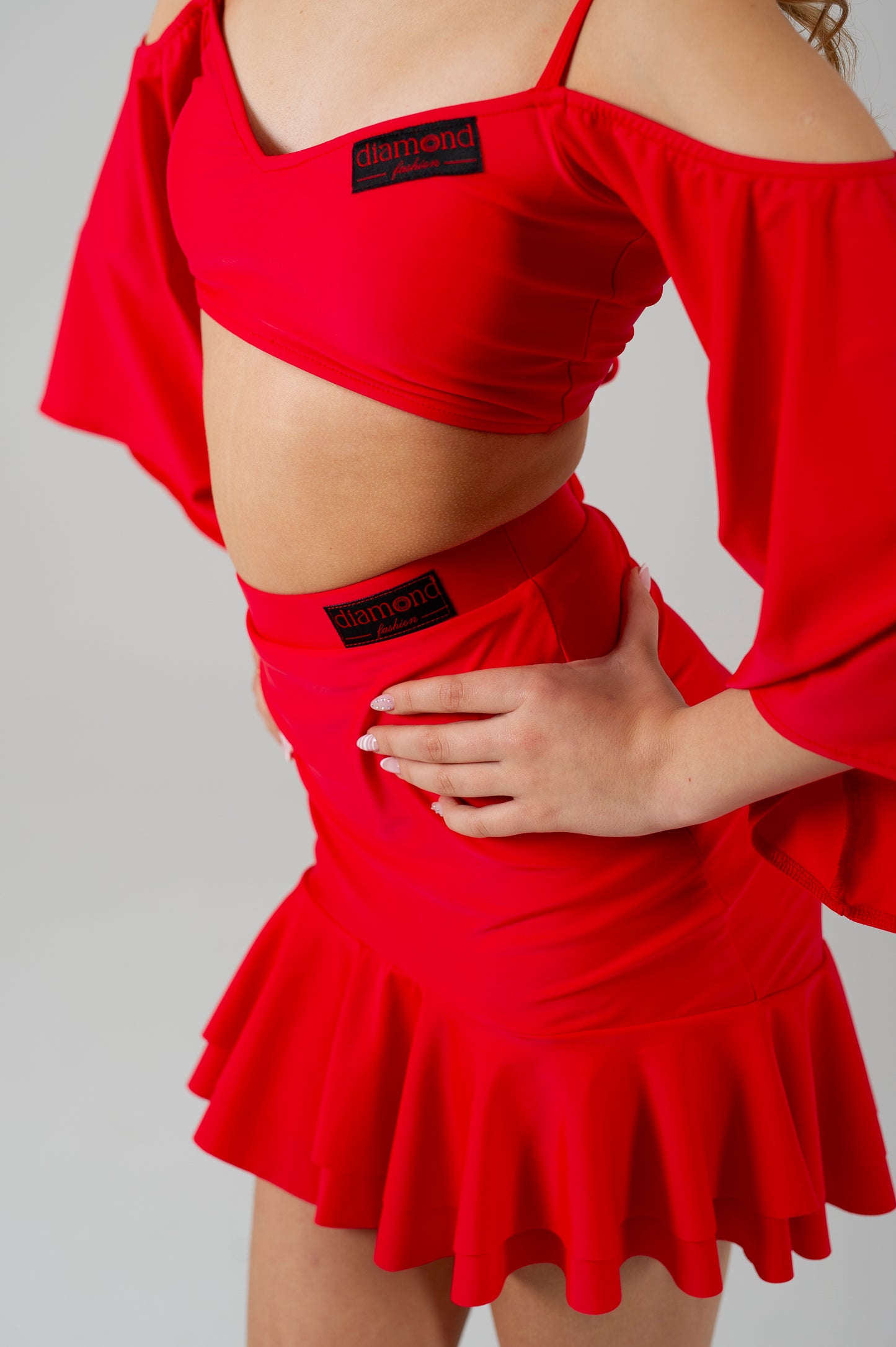 red Wild Feline Latin dance training set with ruffled skirt, bodysuit, and headband – Diamond Fashion