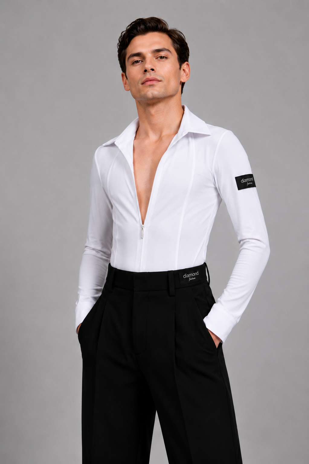 Men’s White Ballroom Dance Shirt Bodysuit – Black Tie Gift Included M001 | Diamond Fashion