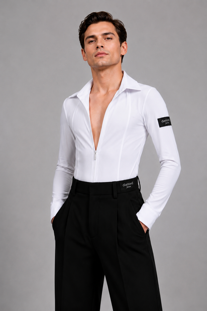 Men’s White Ballroom Dance Shirt Bodysuit – Black Tie Gift Included M001 | Diamond Fashion