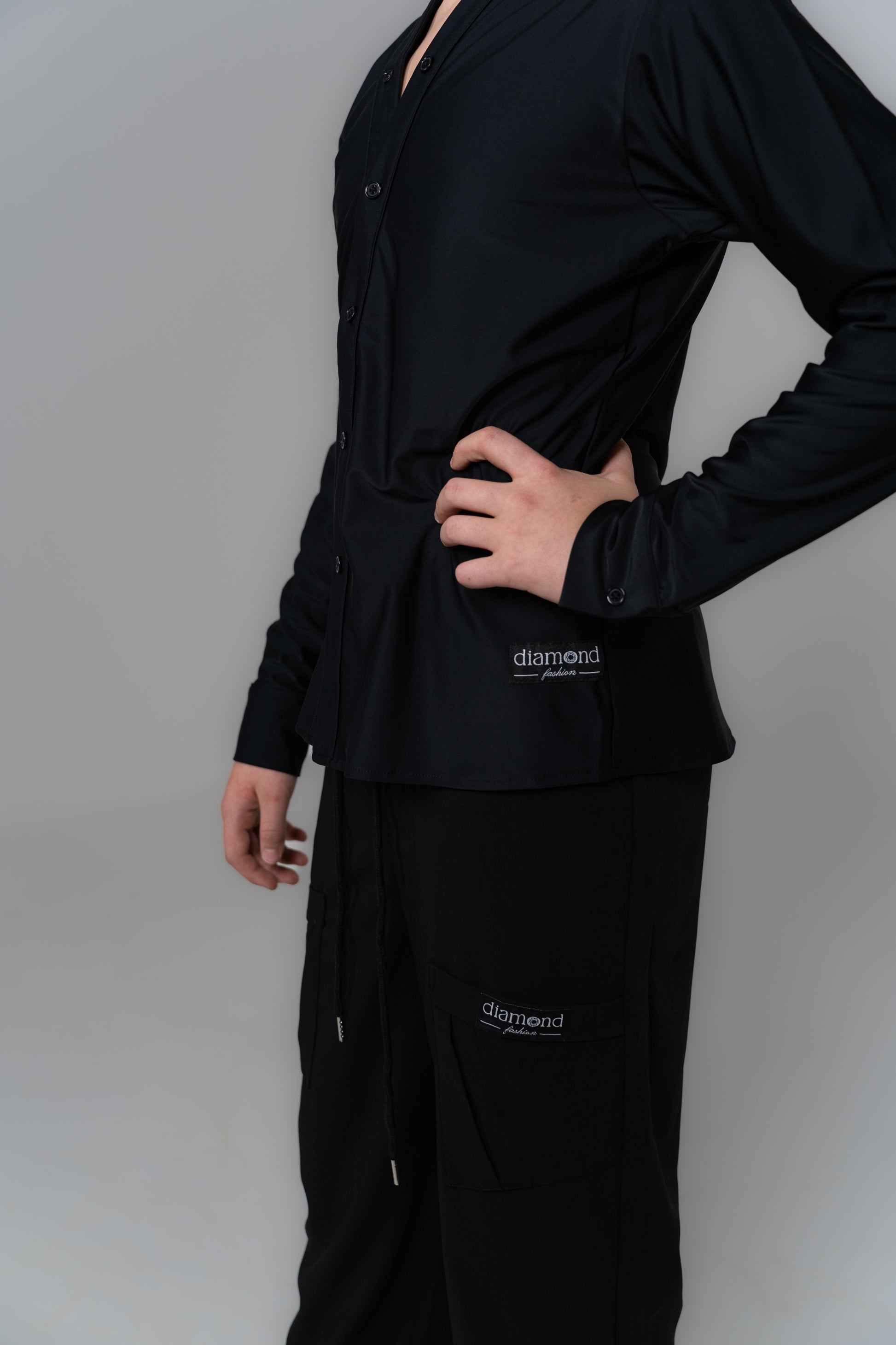 Black boys’ and men’s ballroom dance shirt and trousers set, professional Latin competition outfit – Diamond Fashion