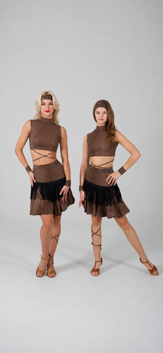 Brown sleeveless Latin dance crop top with high neckline and wraparound waist straps, designed for ballroom and Latin dance training and performances.