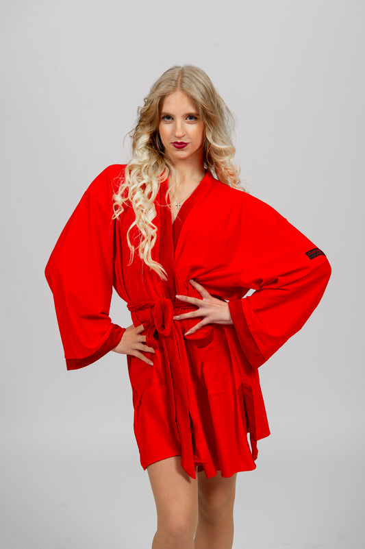 Competition dance robe for Latin and Standard dancers – lightweight kimono cover-up with pocket in red, black, and leopard print | Diamond Fashion