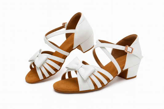 White Elegant Heel Dance Shoes with Bow – Ballroom & Latin Practice & Competition Shoes