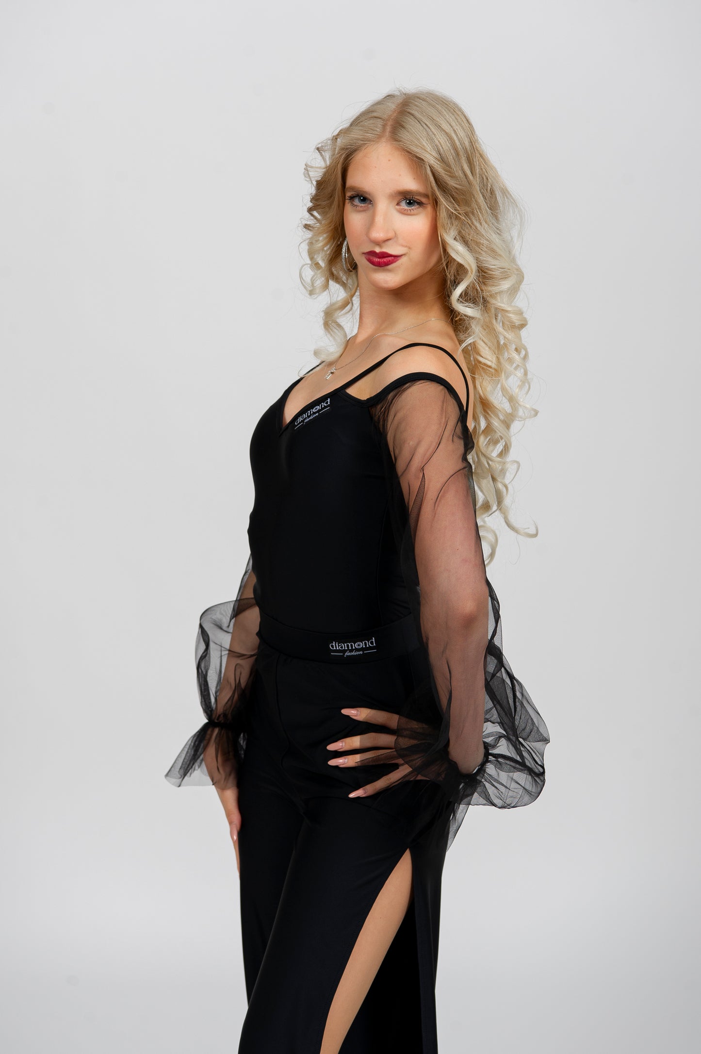 Women’s Latin Bodysuit “G24102224” Mesh Sleeve Dance Top | Available in Black, Red & Leopard | Diamond Fashion