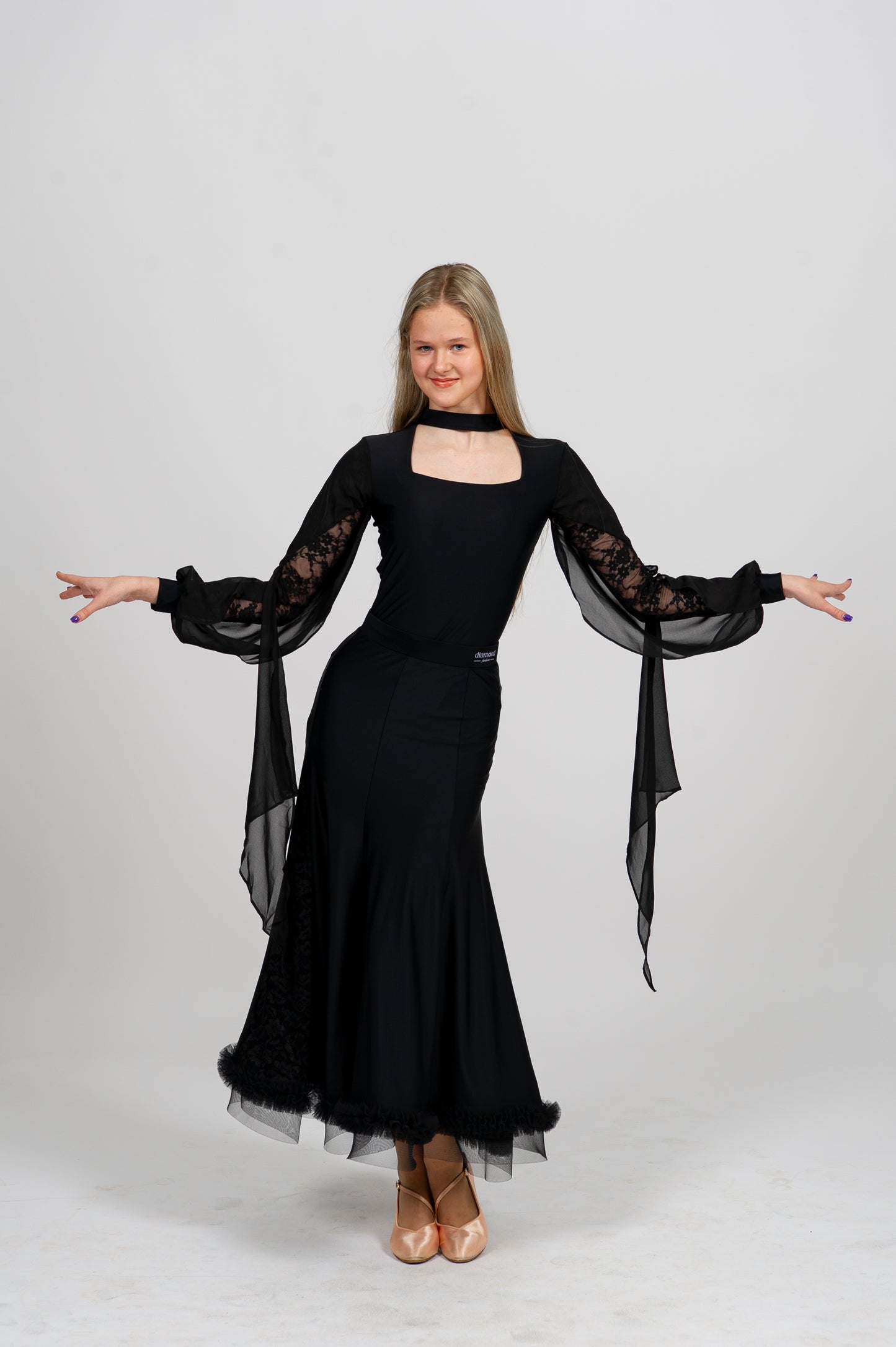 Elegant Black Ballroom Skirt with Lace Inserts and Reinforced Hem | Diamond Fashion