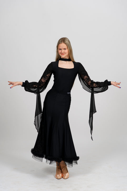 Elegant Black Ballroom Dance Set | Lace Bodysuit with Chiffon Sleeves & Matching Skirt