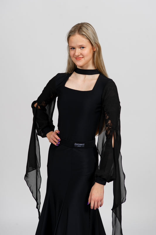 Elegant Lace & Chiffon Ballroom Bodysuit | Black