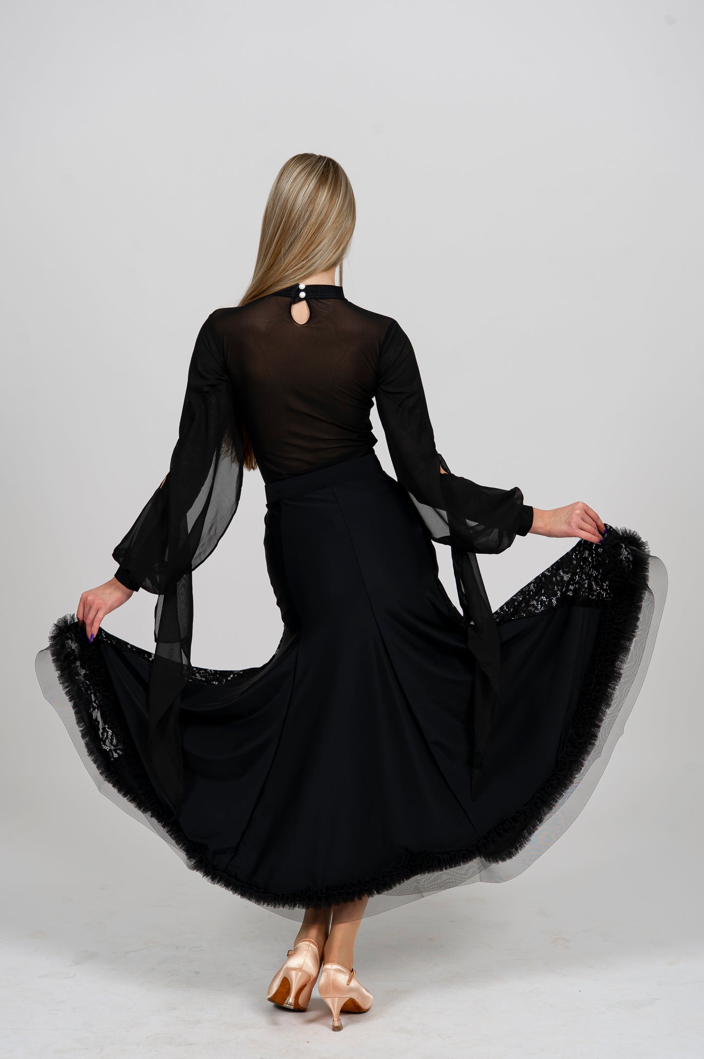 Elegant Black Ballroom Skirt with Lace Inserts and Reinforced Hem | Diamond Fashion