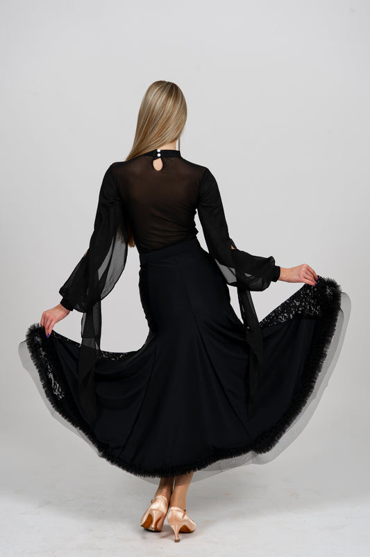 Elegant Black Ballroom Skirt with Lace Inserts and Reinforced Hem | Diamond Fashion