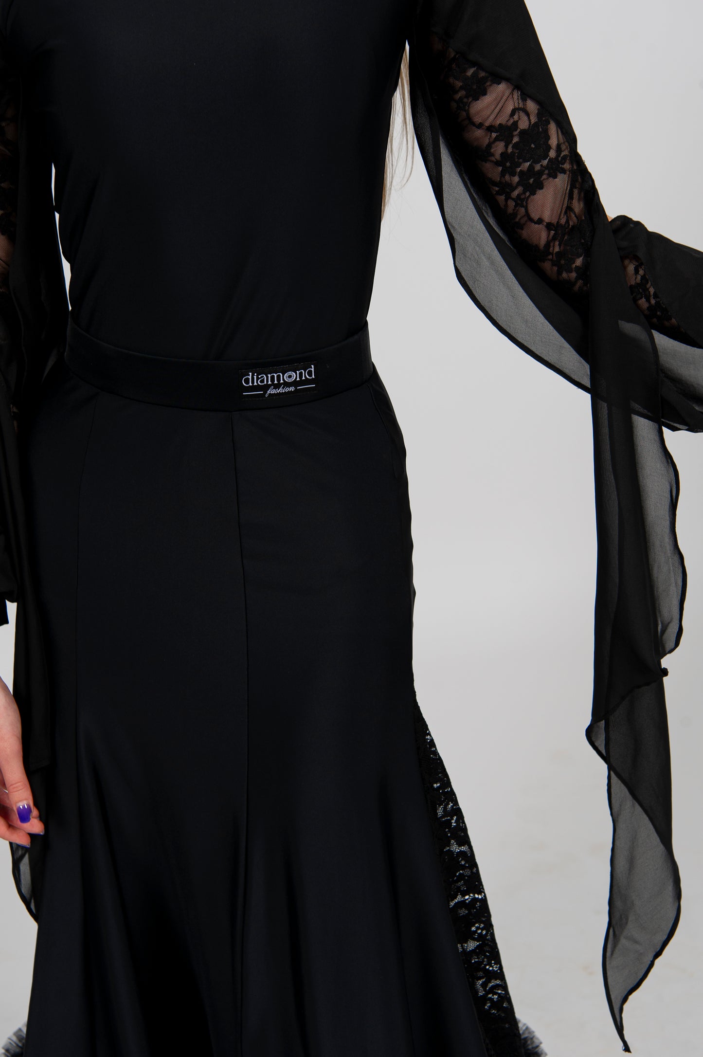 Elegant Black Ballroom Skirt with Lace Inserts and Reinforced Hem | Diamond Fashion
