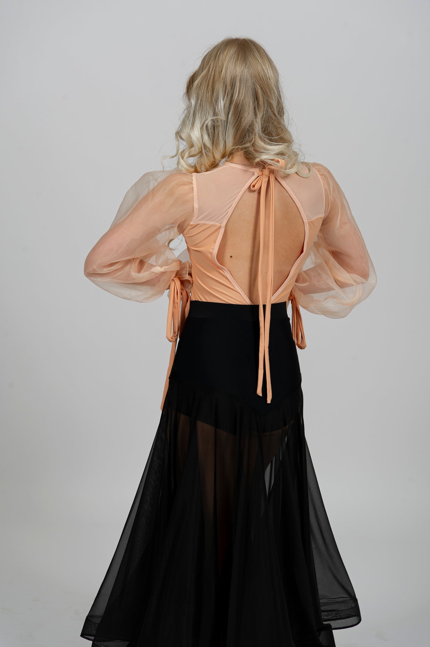Women’s Ballroom & Latin Dance Bodysuit “G24102205” – Organza Puff Sleeves with Tie-Back Detail | Available in Beige, Red & Black | Diamond Fashion