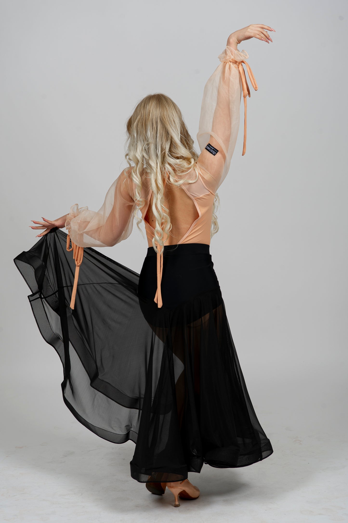 Women’s Ballroom & Latin Dance Bodysuit “G24102205” – Organza Puff Sleeves with Tie-Back Detail | Available in Beige, Red & Black | Diamond Fashion