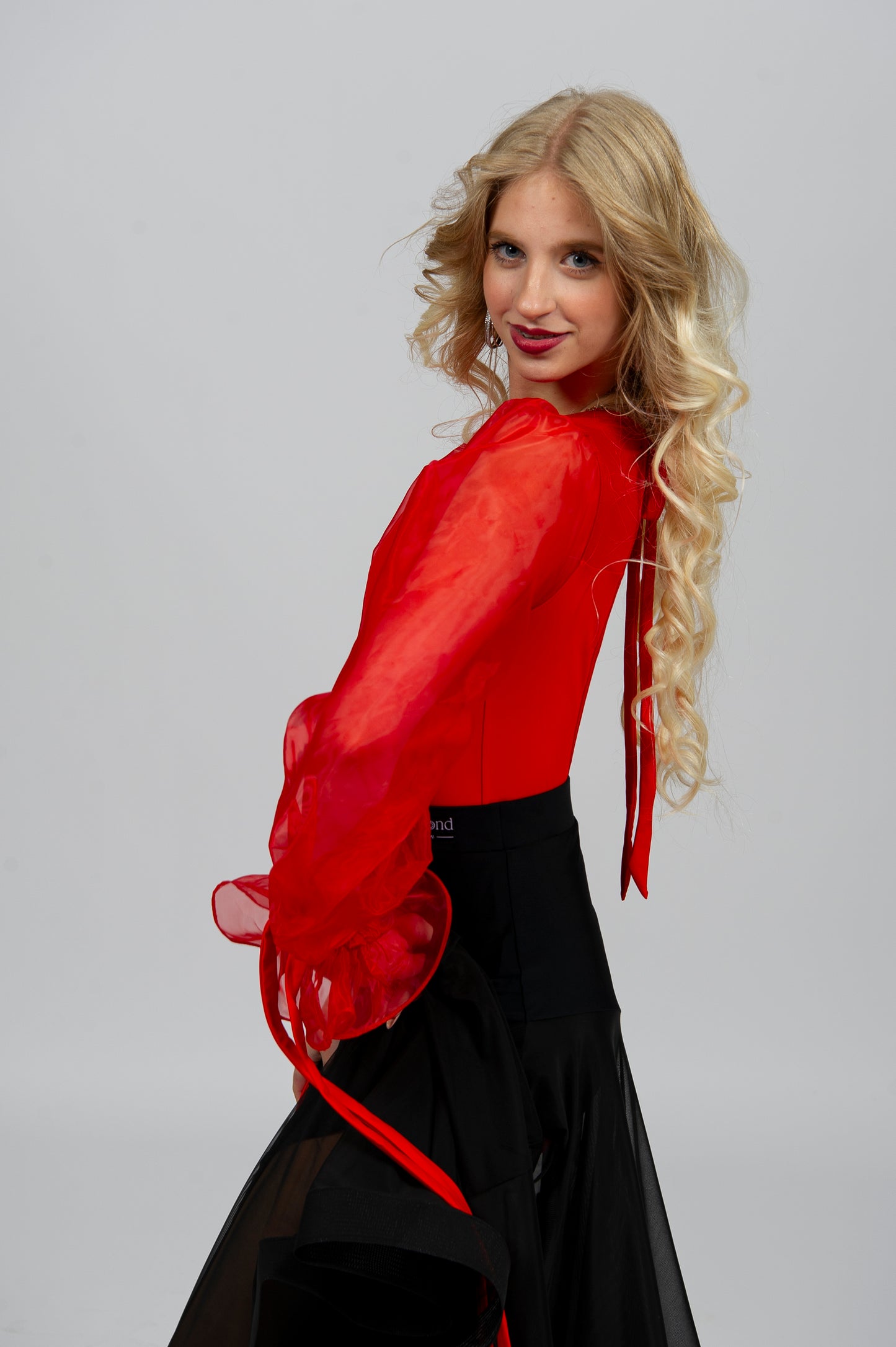 Women’s Ballroom & Latin Dance Bodysuit “G24102205” – Organza Puff Sleeves with Tie-Back Detail | Available in Beige, Red & Black | Diamond Fashion