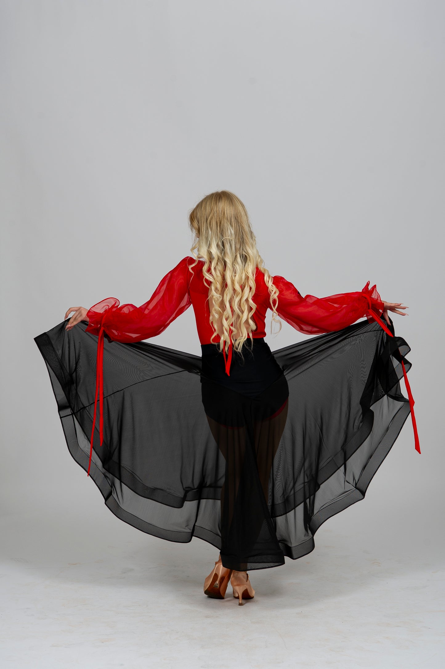 Women’s Ballroom & Latin Dance Bodysuit “G24102205” – Organza Puff Sleeves with Tie-Back Detail | Available in Beige, Red & Black | Diamond Fashion