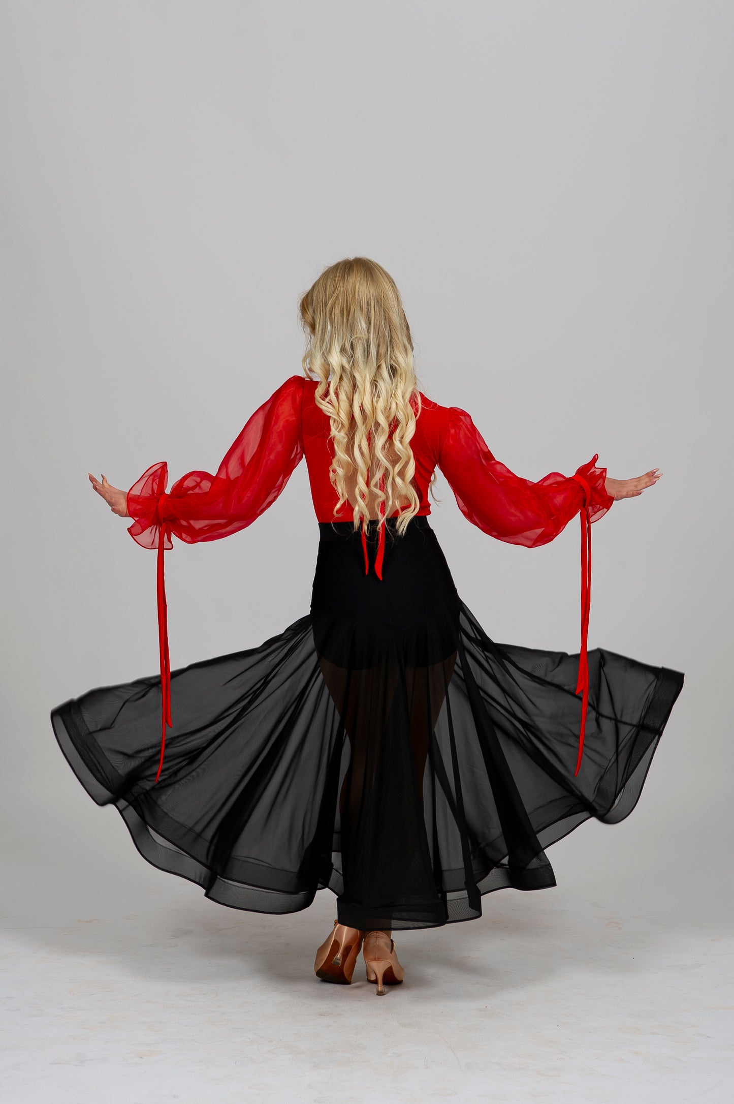 Women’s Ballroom & Latin Dance Bodysuit “G24102205” – Organza Puff Sleeves with Tie-Back Detail | Available in Beige, Red & Black | Diamond Fashion
