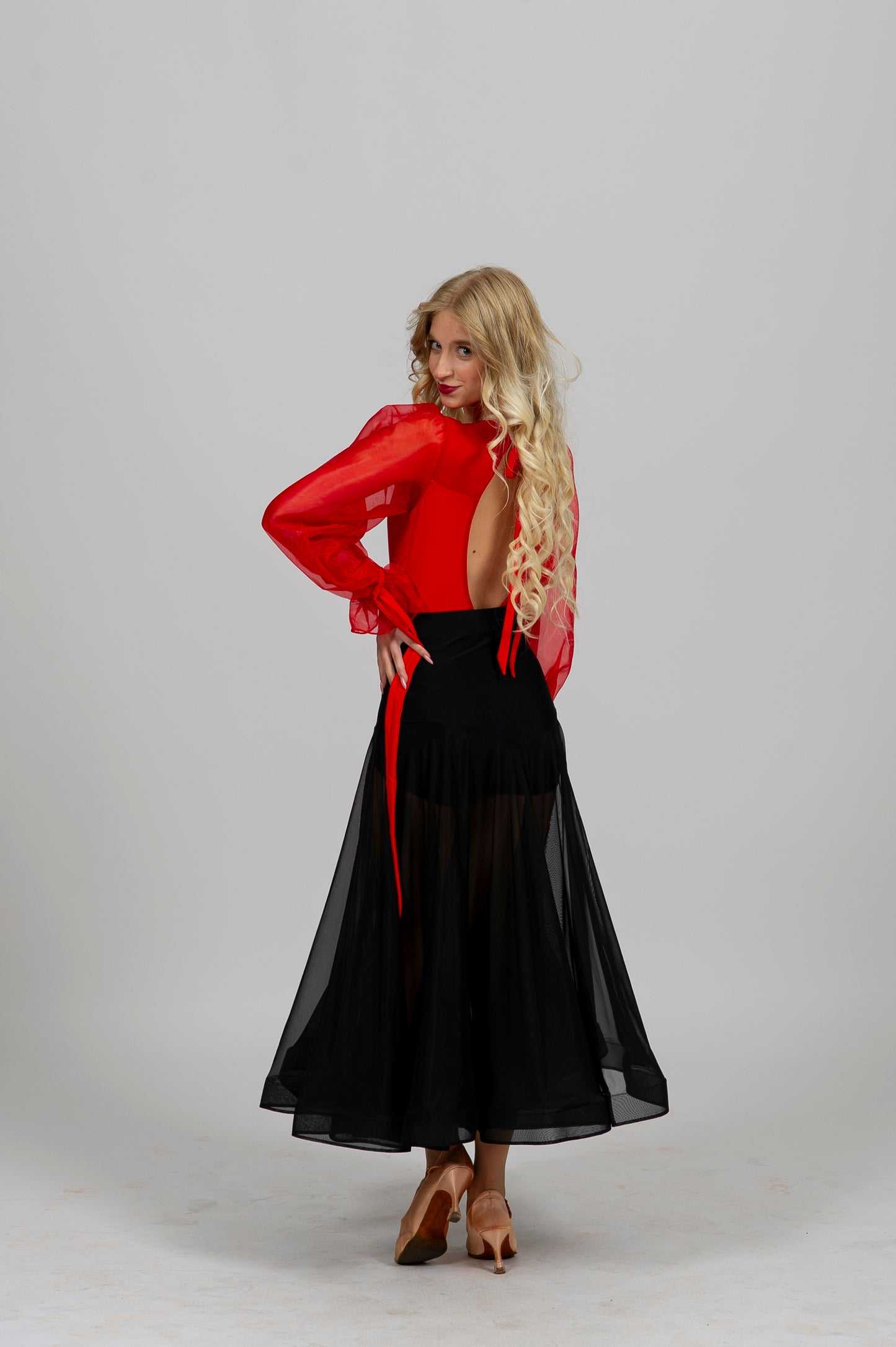 Women’s Ballroom & Latin Dance Bodysuit “G24102205” – Organza Puff Sleeves with Tie-Back Detail | Available in Beige, Red & Black | Diamond Fashion