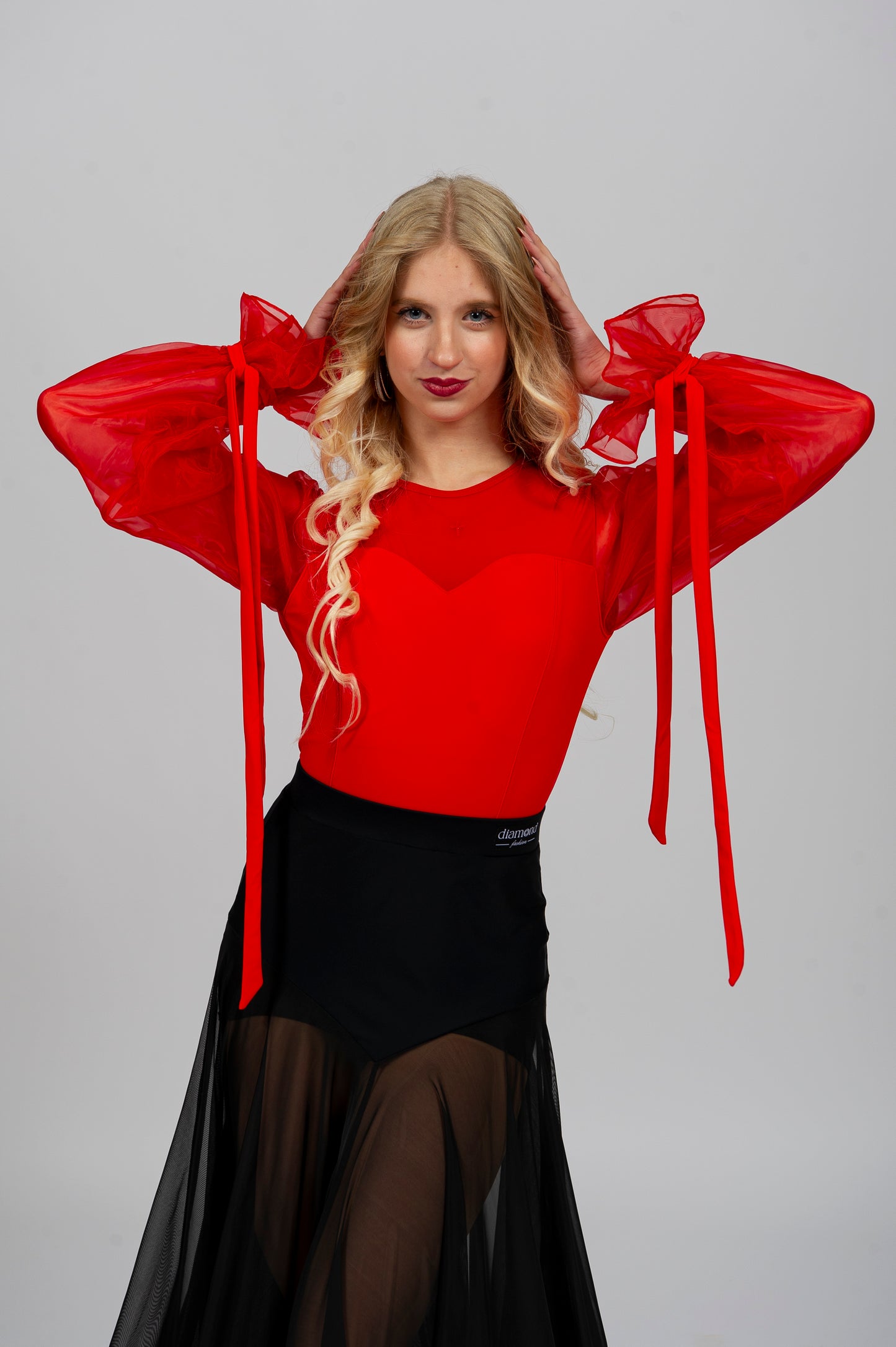 Women’s Ballroom & Latin Dance Bodysuit “G24102205” – Organza Puff Sleeves with Tie-Back Detail | Available in Beige, Red & Black | Diamond Fashion