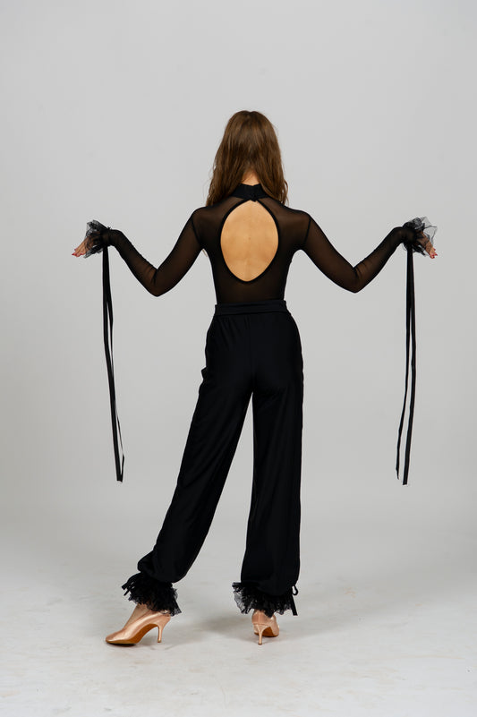 Elegant Black Dance Pants with Layered Lace Cuffs | Diamond Fashion