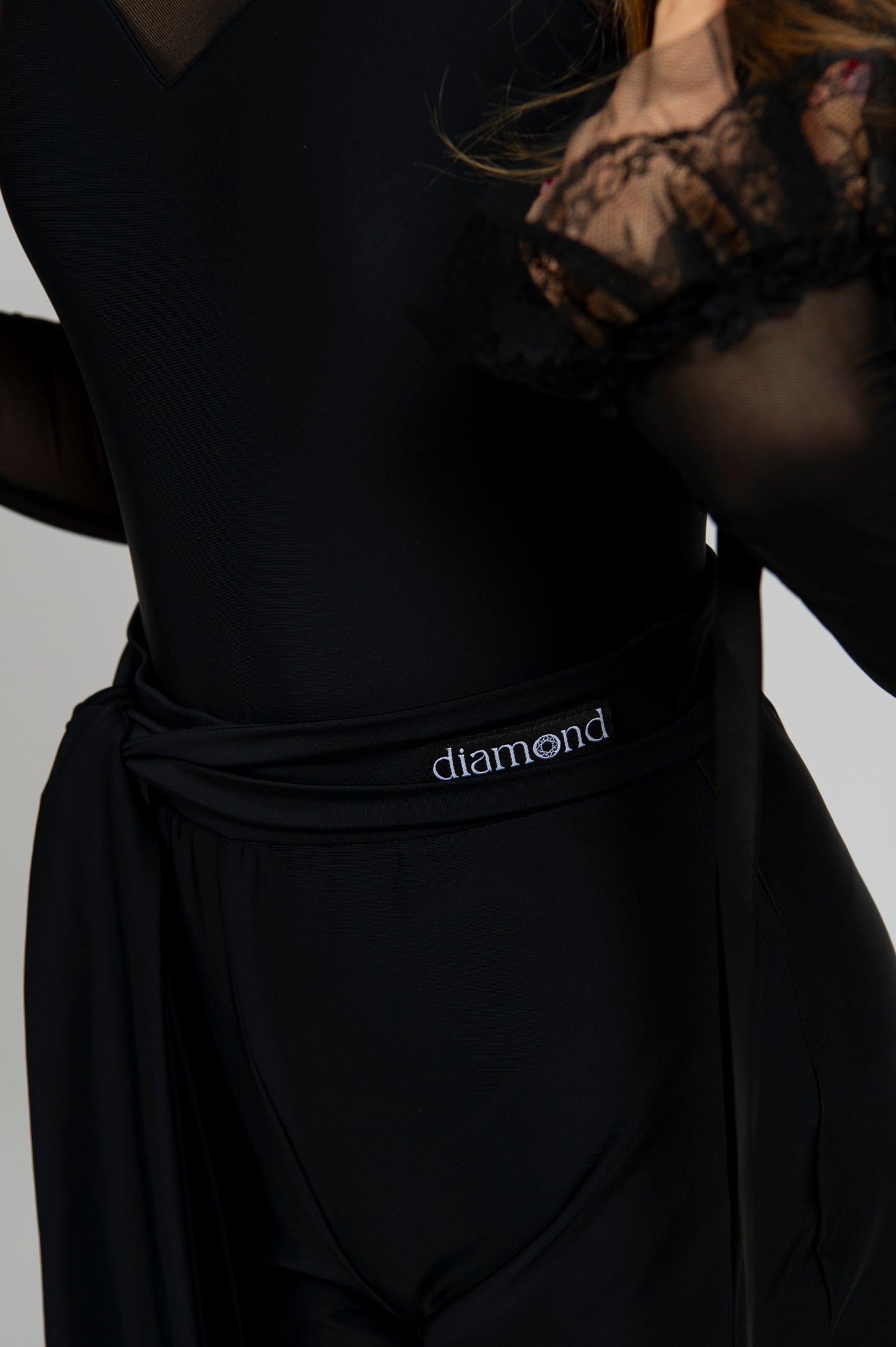 Elegant Black Dance Set | Lace Bodysuit with Open Back & Flowing Pants G2483010