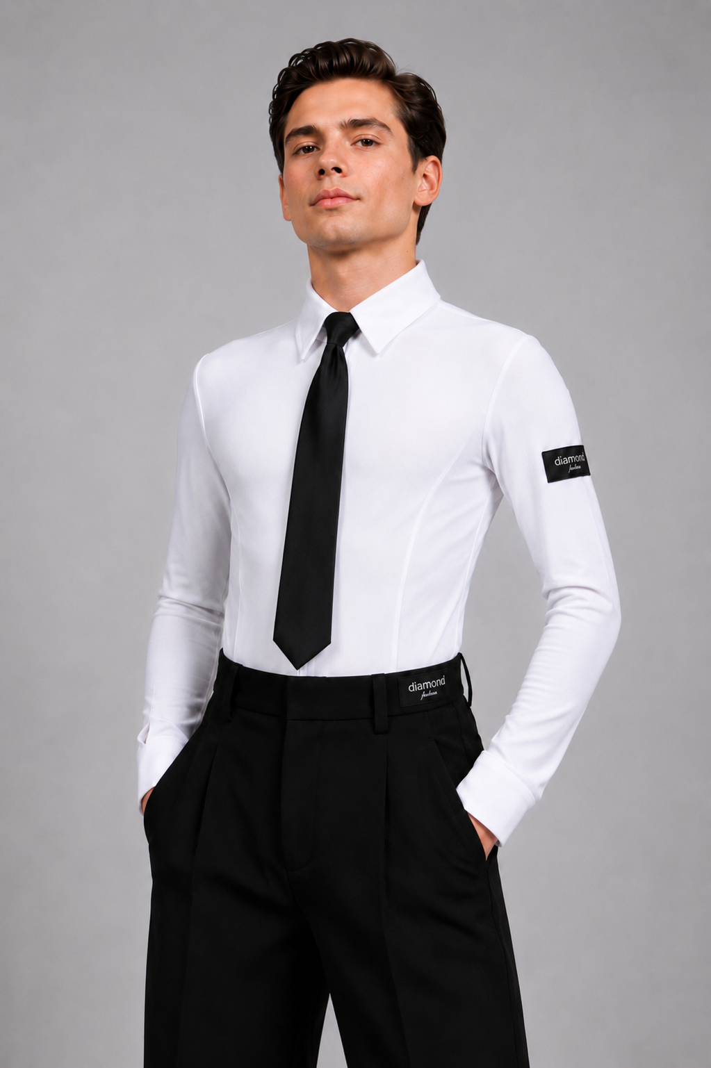Men’s White Ballroom Dance Shirt Bodysuit – Black Tie Gift Included M001 | Diamond Fashion