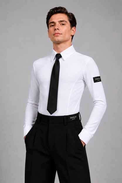 Men’s White Ballroom Dance Shirt Bodysuit – Black Tie Gift Included M001 | Diamond Fashion