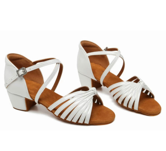 White Low Heel Dance Shoes with Cross Straps – Girls’ Ballroom & Latin Practice Shoes