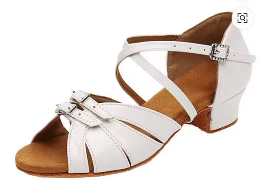 White Low Heel Dance Shoes with Double Buckle – Ballroom & Latin Practice & Competition Shoes