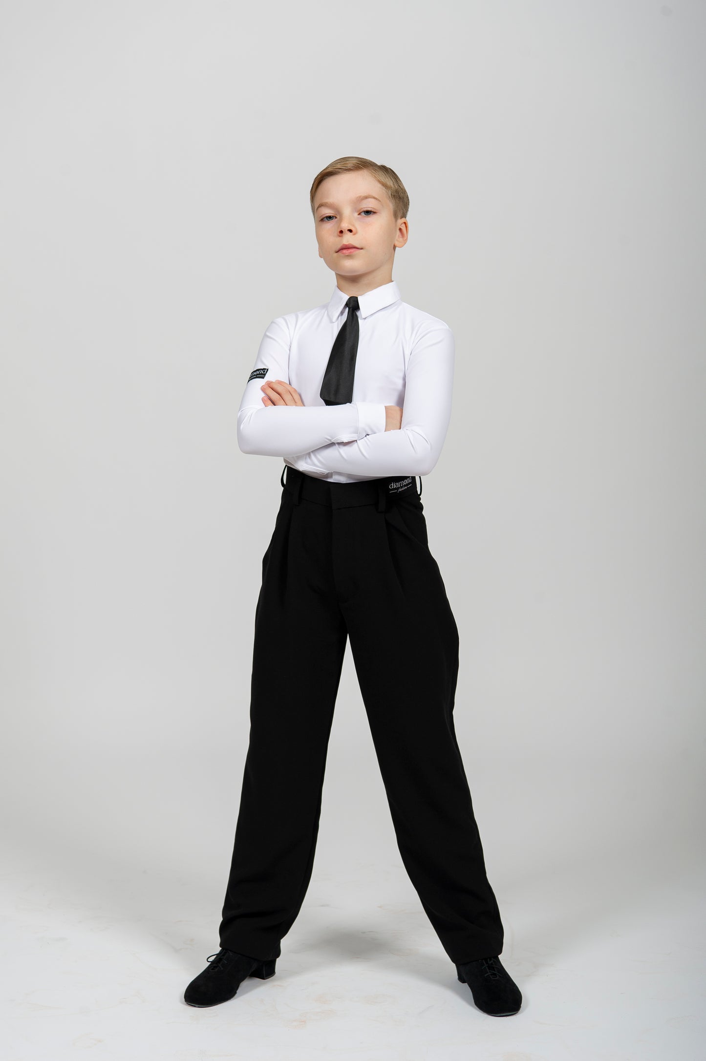 Boys Standard Ballroom Dance Set with White Bodysuit Shirt, Black Pants, and Tie – WDSF/WDO Approved Competition Outfit for Kids 1, Kids 2, Juvenile