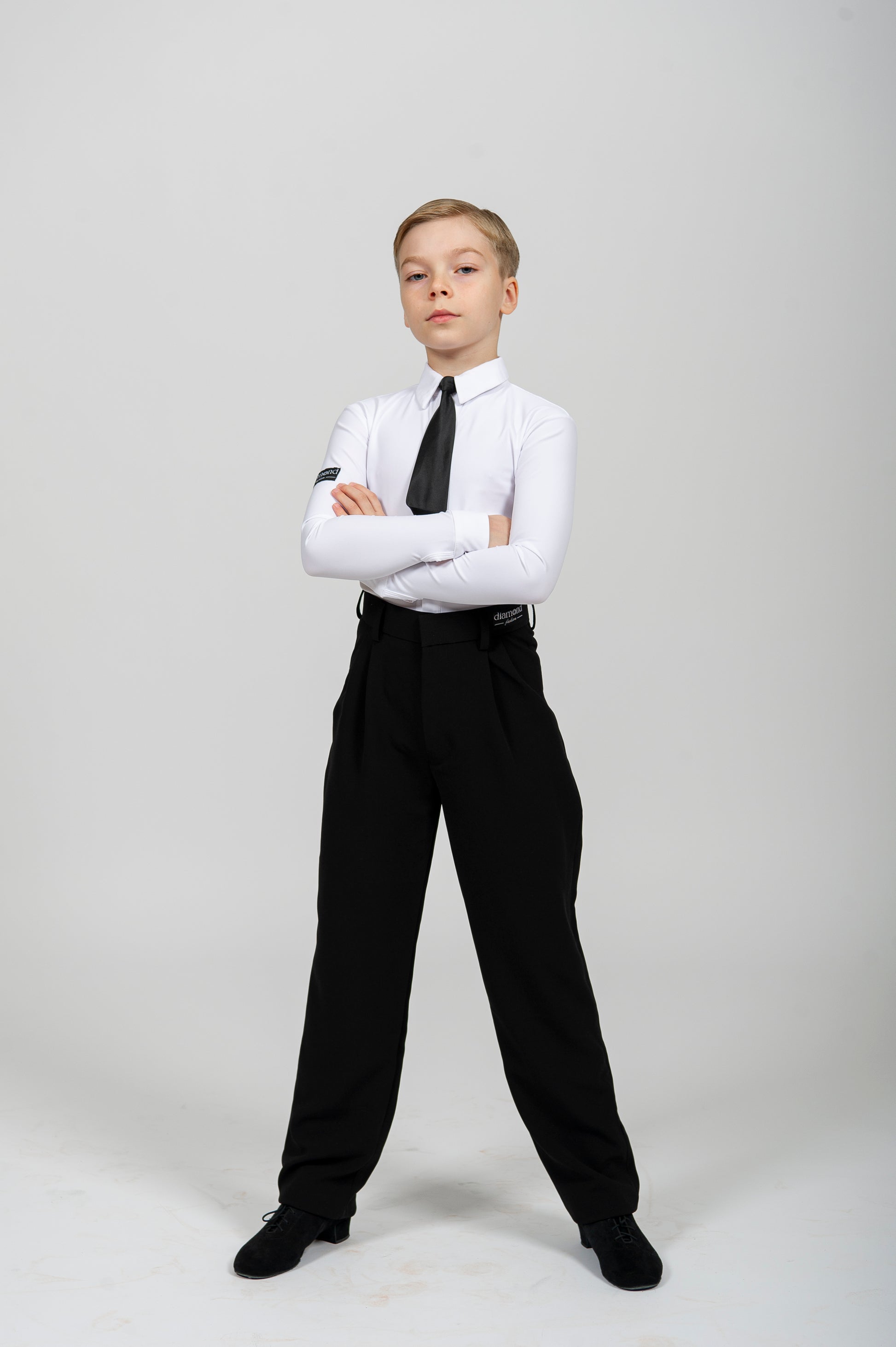 Boys Standard Ballroom Dance Set with White Bodysuit Shirt, Black Pants, and Tie – WDSF/WDO Approved Competition Outfit for Kids 1, Kids 2, Juvenile