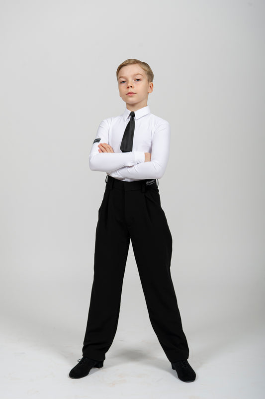 Boys Standard Ballroom Dance Set with White Bodysuit Shirt, Black Pants, and Tie – WDSF/WDO Approved Competition Outfit for Kids 1, Kids 2, Juvenile