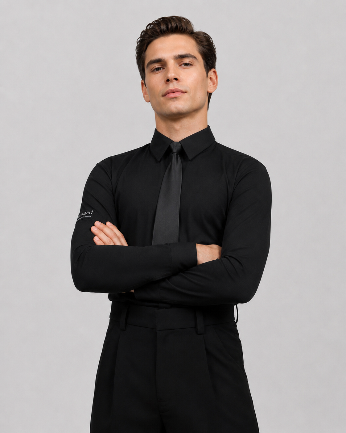 Men’s black Standard Ballroom dance training shirt bodysuit with matching black tie, hidden front zipper and secure snap closure, designed for comfort, flexibility and a clean professional fit