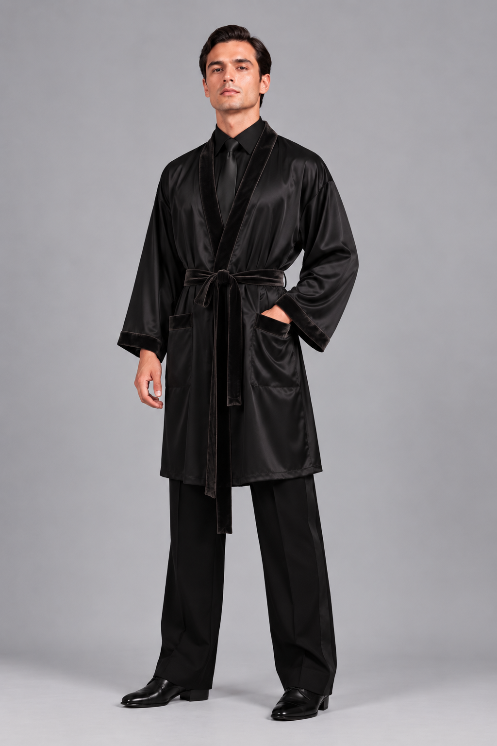 Men’s black ballroom dance competition robe in premium Maslo with contrasting trim and adjustable waist tie, worn over a black dance shirt and trousers.