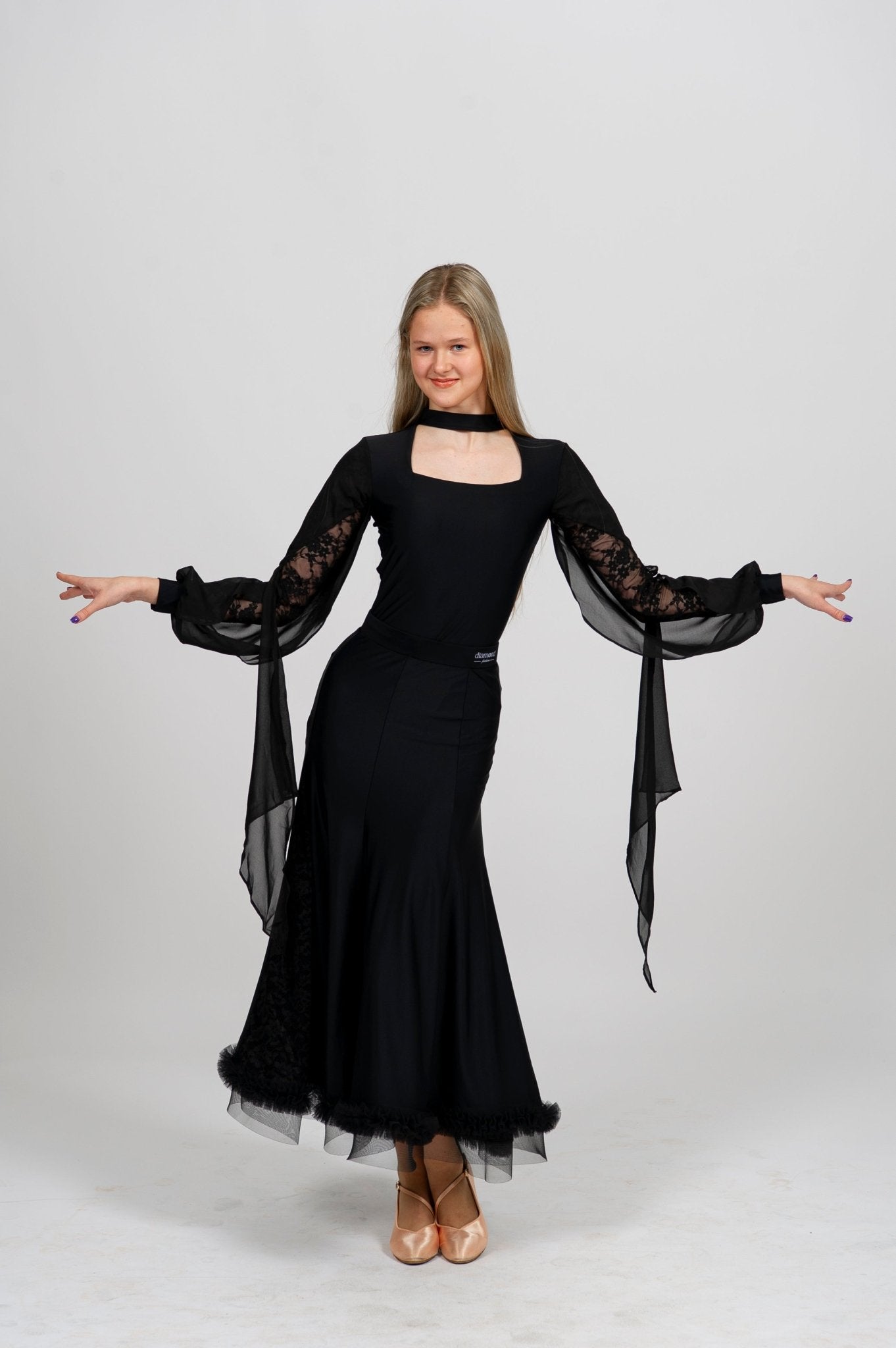 Black Ballroom dance Skirt with Lace Inserts and Reinforced Hem | 210 sporta deju apģērbs – Shirt | Diamond Fashion SIA