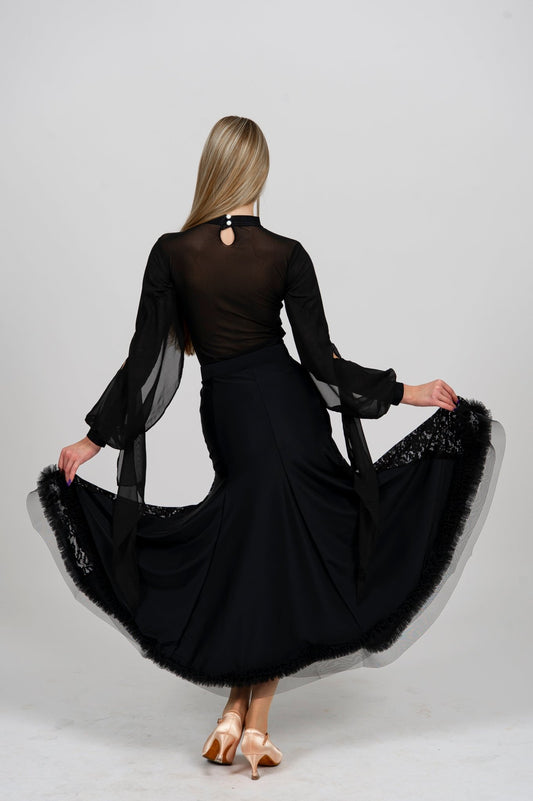 Black Ballroom dance Skirt with Lace Inserts and Reinforced Hem | 210 sporta deju apģērbs – Shirt | Diamond Fashion SIA