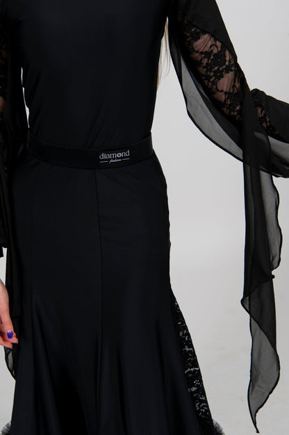 Black Ballroom dance Skirt with Lace Inserts and Reinforced Hem | 210 sporta deju apģērbs – Shirt | Diamond Fashion SIA