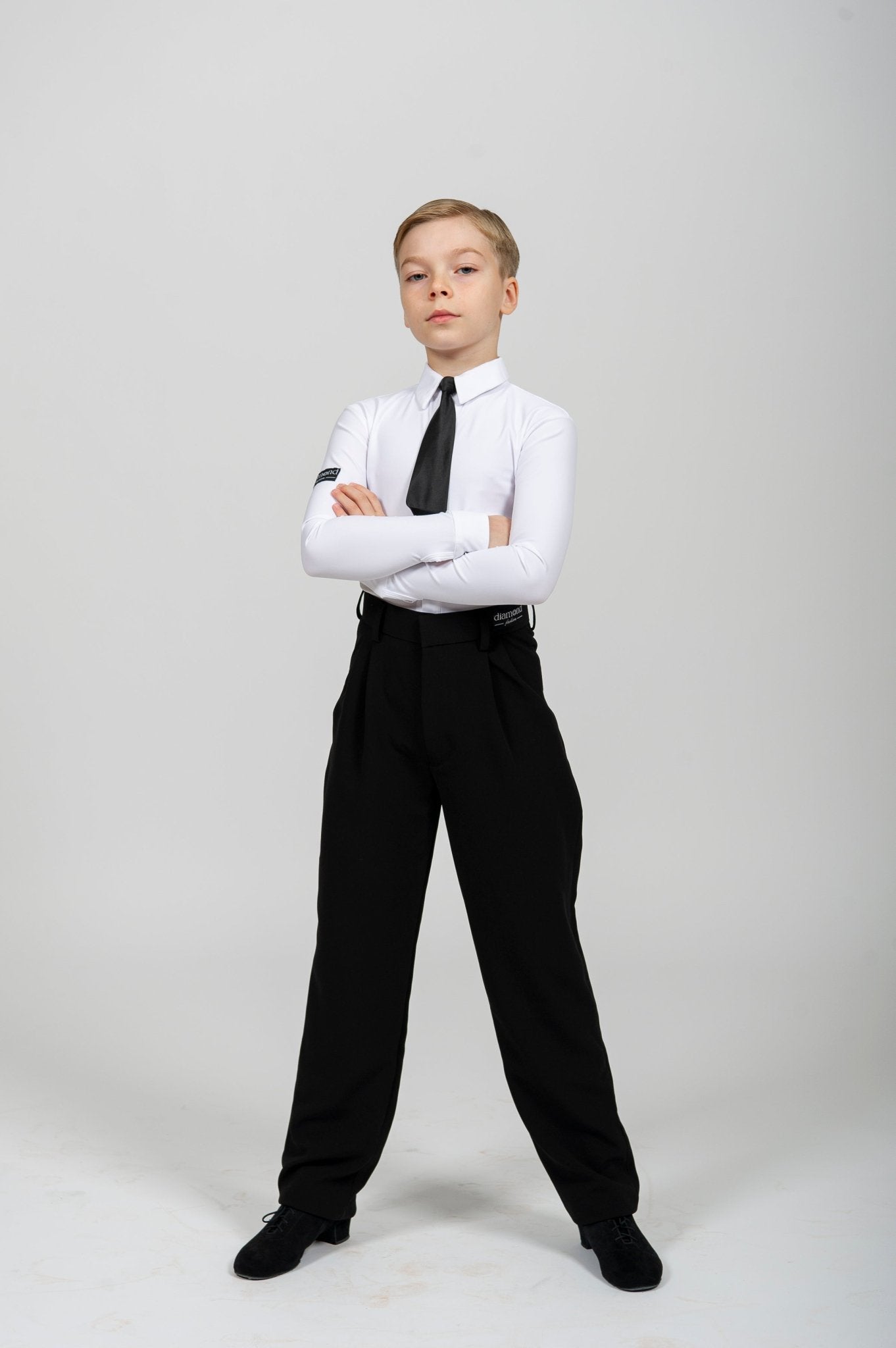 Boys Ballroom Shirt Bodysuit “G24102223” White with Tie | Diamond Fashion sporta deju apģērbs – competition SETs | Diamond Fashion SIA
