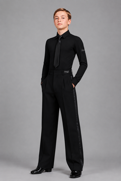 Boy’s black ballroom dance competition outfit with long-sleeve dance shirt, black tie and professional ballroom trousers by Diamond Fashion