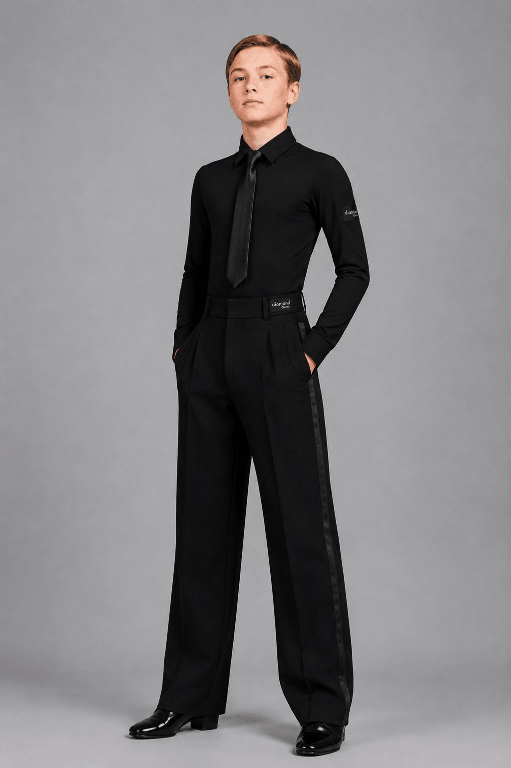 Boy’s Black Ballroom Dance Competition Set - Shirt, Trousers, Tie | Standard Ballroom| Diamond Fashion (Copy) sporta deju apģērbs – competition SETs | Diamond Fashion SIA