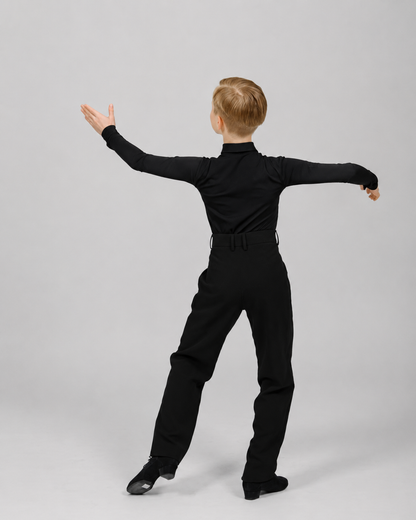 Boy wearing a black Standard Ballroom dance shirt bodysuit with black tie, designed for competitions and dance training
