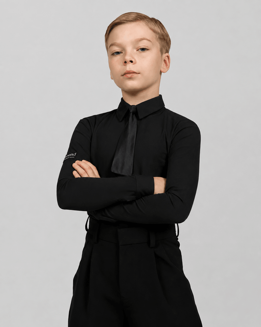 Boys Black Ballroom Dance Shirt Bodysuit with Tie M001 | Diamond Fashion sporta deju apģērbs – competition SETs | Diamond Fashion SIA