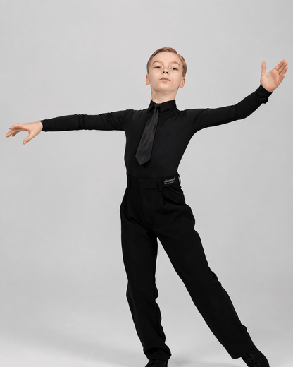Boys Black Ballroom Dance Shirt Bodysuit with Tie M001 | Diamond Fashion sporta deju apģērbs – competition SETs | Diamond Fashion SIA