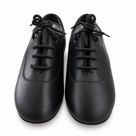 Boys’ smooth black lace-up dance shoes for Latin and Standard ballroom dancing.