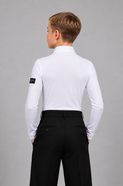 Back view of a boy wearing a fitted white Standard Ballroom dance shirt with black trousers, designed for competitions and dance training