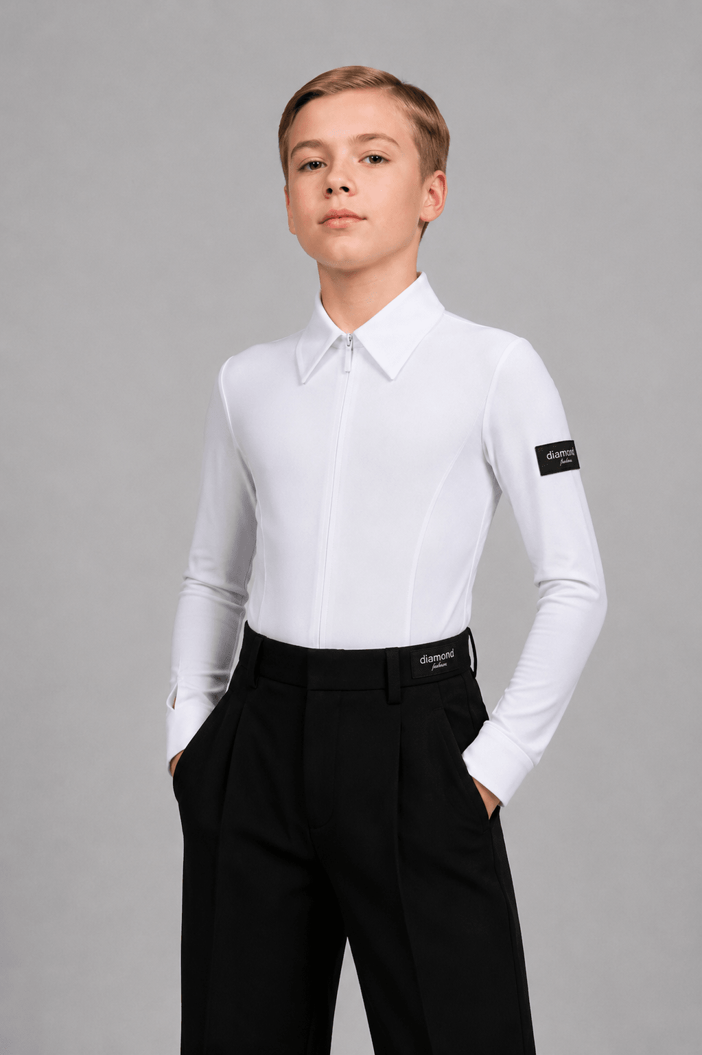 Boys White Ballroom Dance Shirt Bodysuit with Tie M001 | Diamond Fashion sporta deju apģērbs – competition SETs | Diamond Fashion SIA