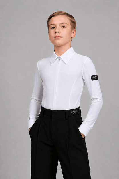 Boys White Ballroom Dance Shirt Bodysuit with Tie M001 | Diamond Fashion sporta deju apģērbs – competition SETs | Diamond Fashion SIA